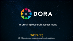 First slide of presentation, with DORA logo over "Improving research assessment", link to sfdora.org, and "@DORAssessment on most social media platforms".
