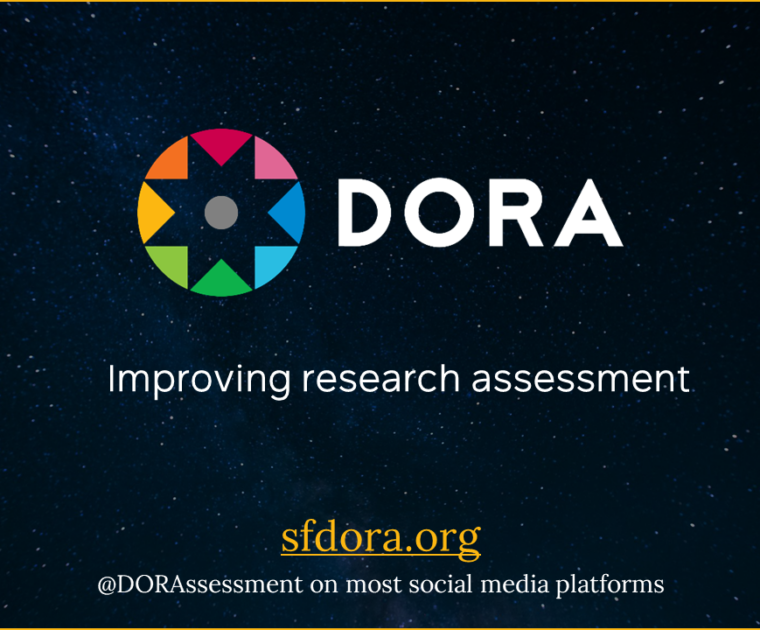 First slide of presentation, with DORA logo over "Improving research assessment", link to sfdora.org, and "@DORAssessment on most social media platforms".