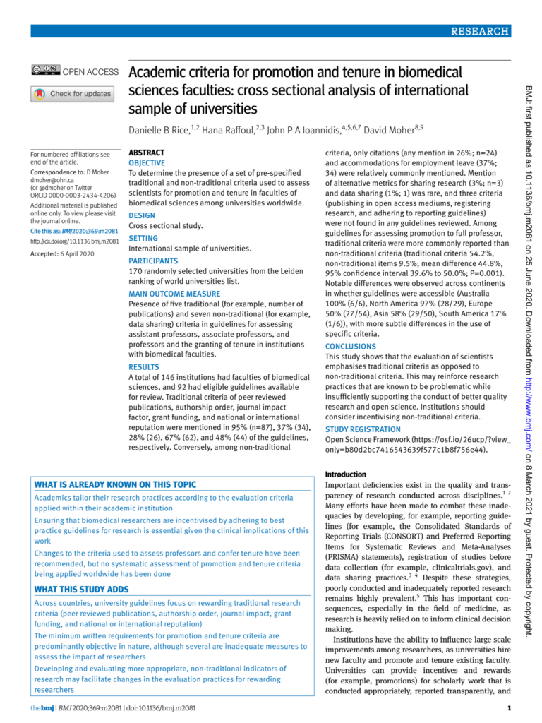 Academic criteria for promotion and tenure in biomedical sciences 