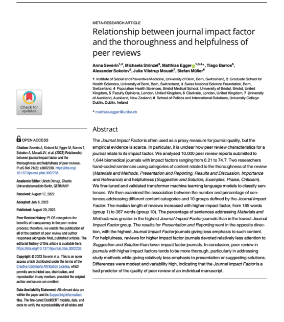 First page of article, "Relationship between journal impact factor and the thoroughness and helpfulness of peer reviews"