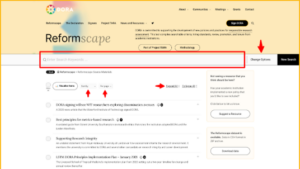 Screenshot of results of a Reformscape search, highlighting "Sort by", "Per page", "Expand all" , and "Change options".