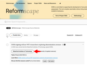 Screenshot of search results in Reformscape, with one entry expanded and institution highlighted.