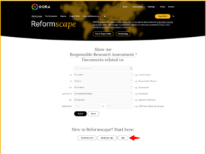 Screenshot of Reformscape landing page with FAQ button under search options highlighted.