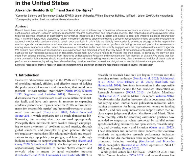First page of "Practicing responsible research assessment: Qualitative study of faculty hiring, promotion, and tenure assessments in the United States"