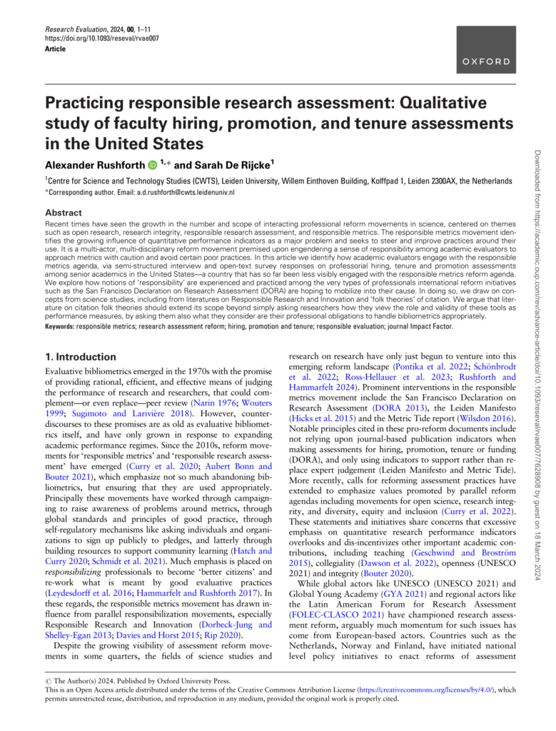 First page of "Practicing responsible research assessment: Qualitative study of faculty hiring, promotion, and tenure assessments in the United States"