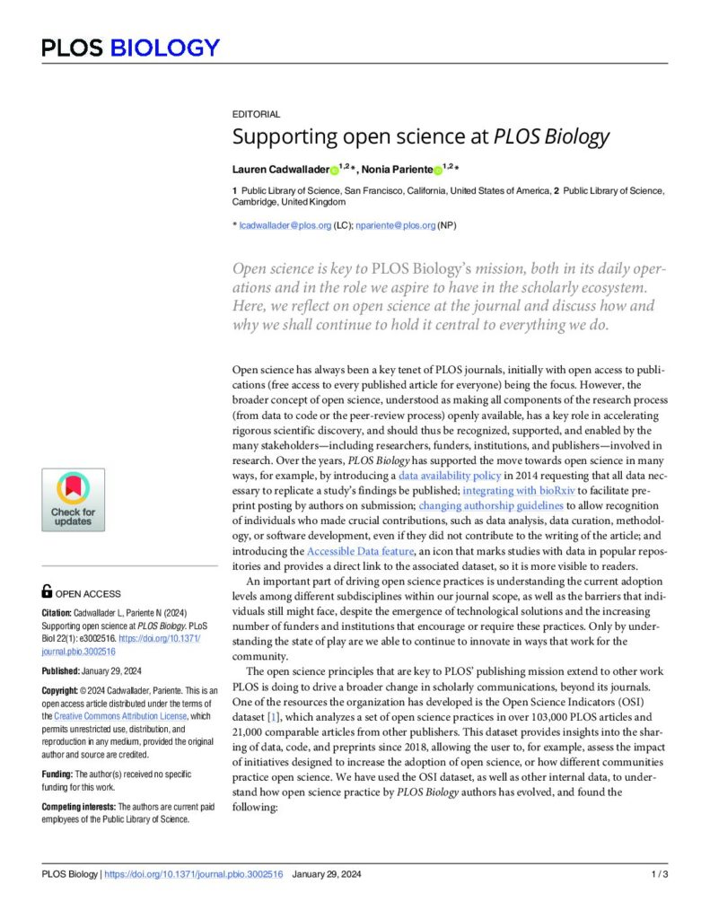 Supporting Open Science at PLOS Biology | DORA