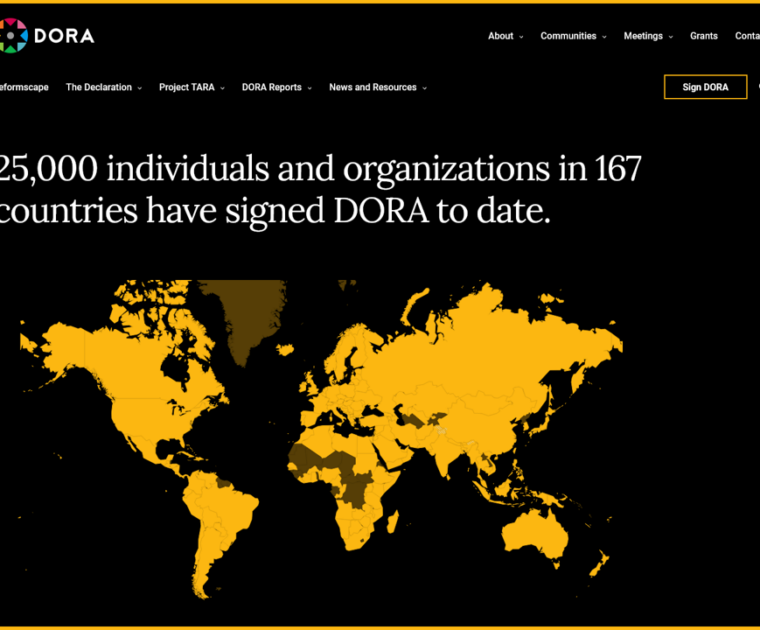 Screenshot from DORA website that reads, "25,000 individuals and organizations in 167 countries have signed DORA to date."