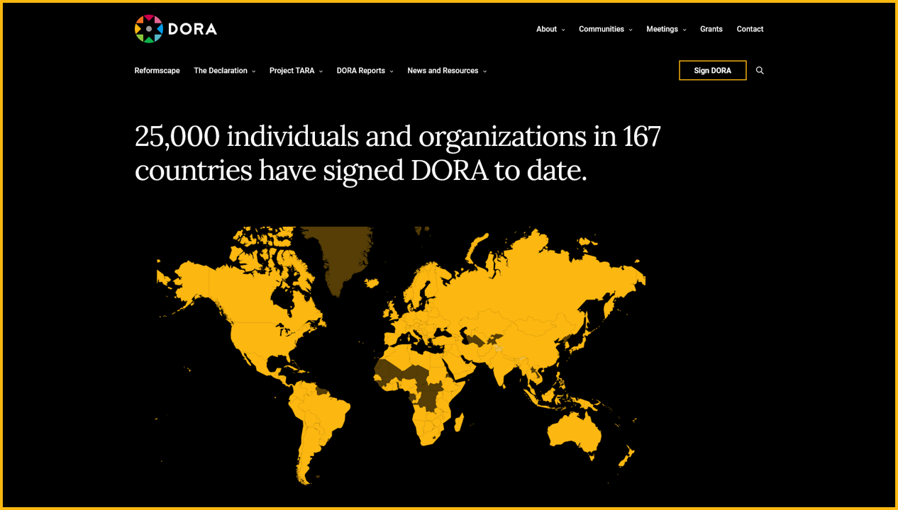 Screenshot from DORA website that reads, "25,000 individuals and organizations in 167 countries have signed DORA to date."