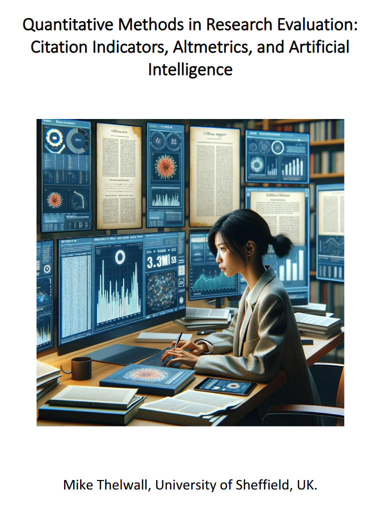 The title above the image is quantative methods in research evaluation citations indicators, altmetrics and AI and the image shows a yound woman at a computer surrounded by digital screens with data graphics on them