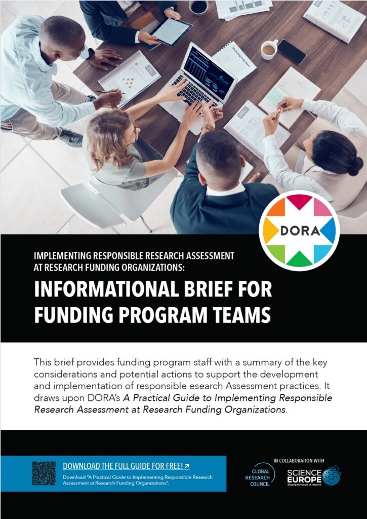 Cover page of an informational brief titled “Implementing Responsible Research Assessment at Research Funding Organizations: Informational Brief for Funding Program Teams.” The top half shows an overhead view of a group working around a wooden table with a laptop displaying charts, printed reports, notebooks, a tablet, and coffee cups. The lower half features a black background with the title in large white text and the DORA logo to the right. Below, a short paragraph explains that the brief summarizes key considerations and actions for funding program staff. At the bottom, a blue box includes a QR code and a link to download the full guide, alongside logos for the Global Research Council and Science Europe indicating collaboration in creating the Guide.