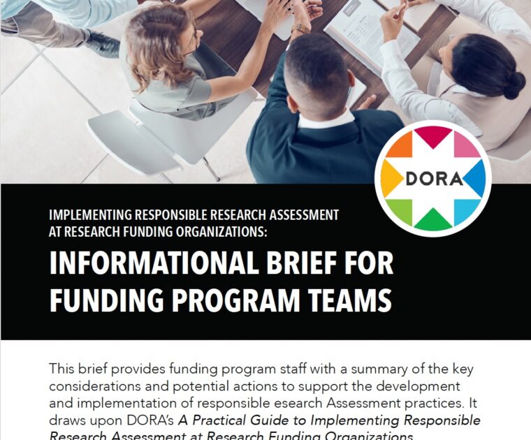 Cover page of an informational brief titled “Implementing Responsible Research Assessment at Research Funding Organizations: Informational Brief for Funding Program Teams.” The top half shows an overhead view of a group working around a wooden table with a laptop displaying charts, printed reports, notebooks, a tablet, and coffee cups. The lower half features a black background with the title in large white text and the DORA logo to the right. Below, a short paragraph explains that the brief summarizes key considerations and actions for funding program staff. At the bottom, a blue box includes a QR code and a link to download the full guide, alongside logos for the Global Research Council and Science Europe indicating collaboration in creating the Guide.