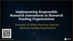 Cover slide for a presentation titled “Implementing Responsible Research Assessment at Research Funding Organizations.” The background shows a dark blue starry sky, creating a space-like visual. The main title appears in large white text at the center, with a subtitle in yellow reading “Overview of DORA’s Practical Guide for Research Funding Organizations.” In the lower left corner, a QR code and a shortened URL link for the RFO Practical Guide are displayed. The DORA logo appears in the lower right corner.