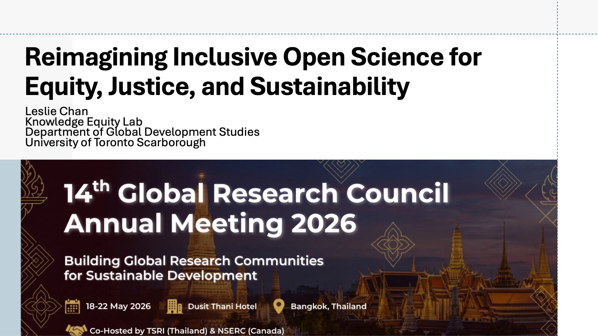 Title slide showing “Reimagining Inclusive Open Science for Equity, Justice, and Sustainability” by Leslie Chan, Knowledge Equity Lab, University of Toronto Scarborough.