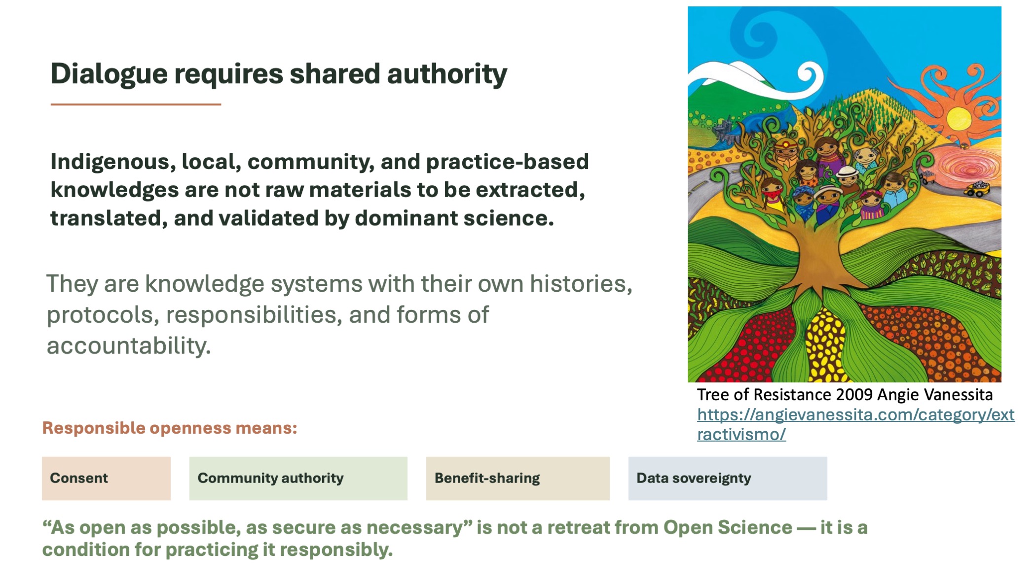 Slide highlighting the need for shared authority in Open Science, stressing respect for Indigenous and local knowledge systems and principles such as consent, benefit-sharing, and data sovereignty.